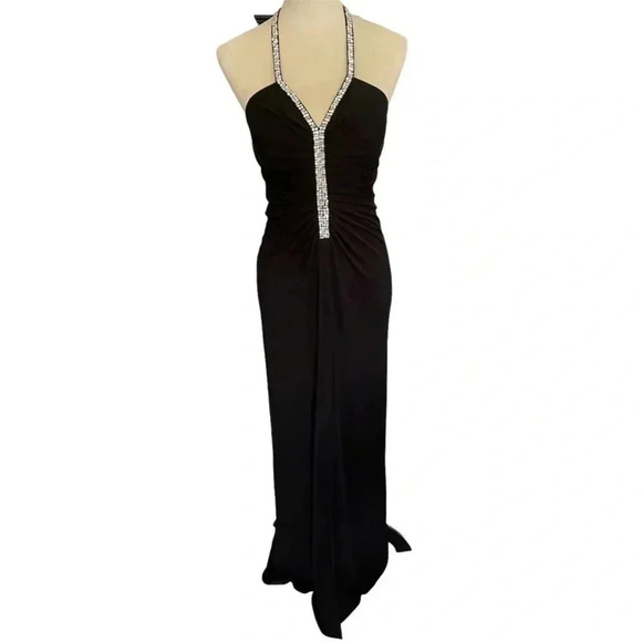 Chetta B Silk Black Evening Formal Gown Rhinestones Babydoll Neckline Women 4 - Picture 2 of 7